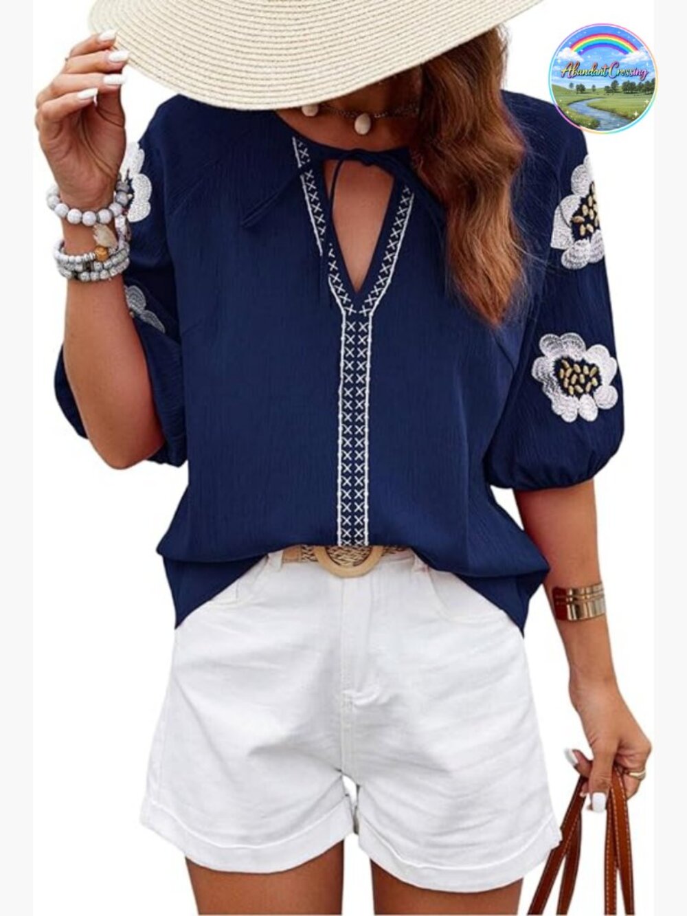 Women's Floral Embroidered Puff Short Sleeve V Neck Boho Tunic Blouse